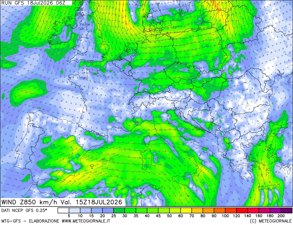 mappa 850 hPa Vento forza e direzione