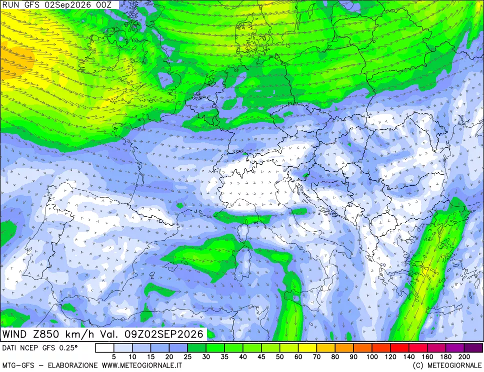 mappa 850 hPa Vento forza e direzione