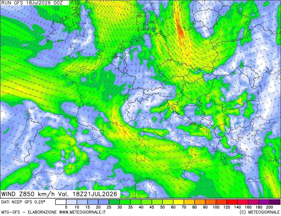 mappa 850 hPa Vento forza e direzione