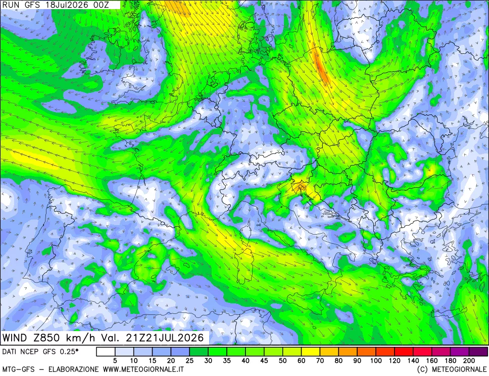 mappa 850 hPa Vento forza e direzione