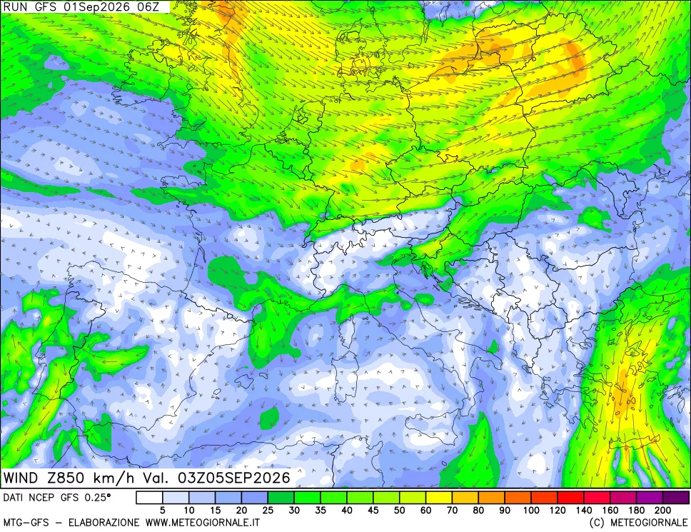 mappa 850 hPa Vento forza e direzione