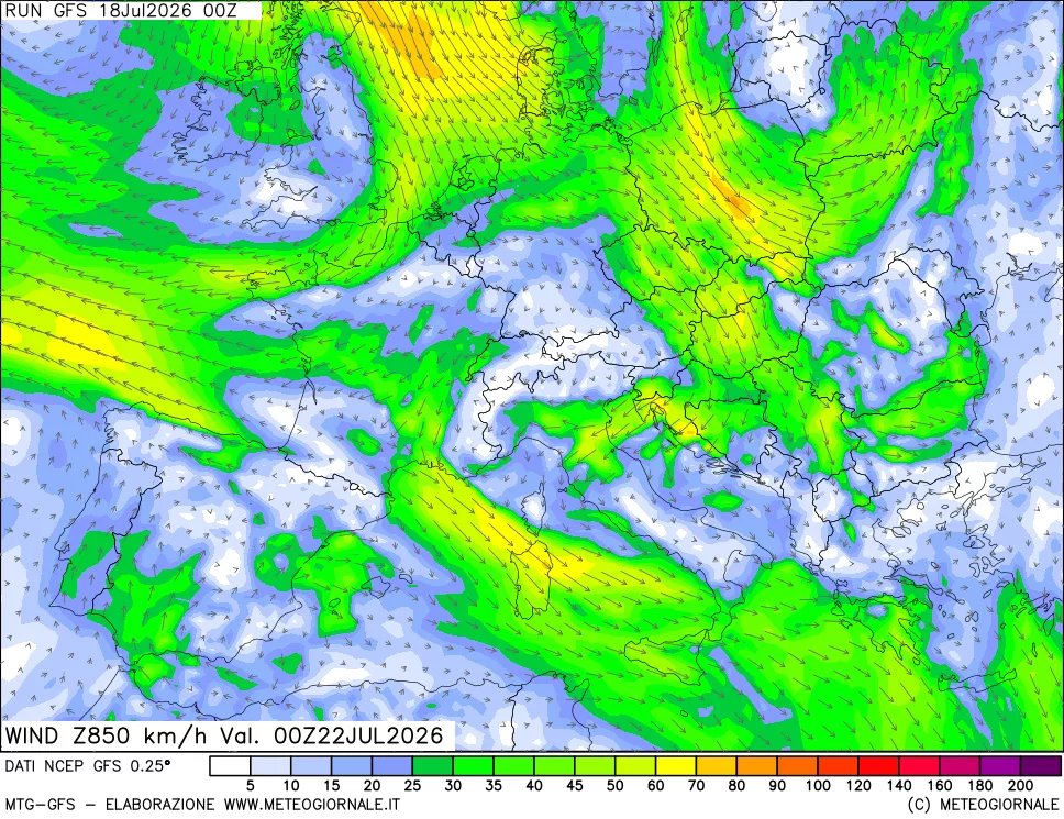 mappa 850 hPa Vento forza e direzione