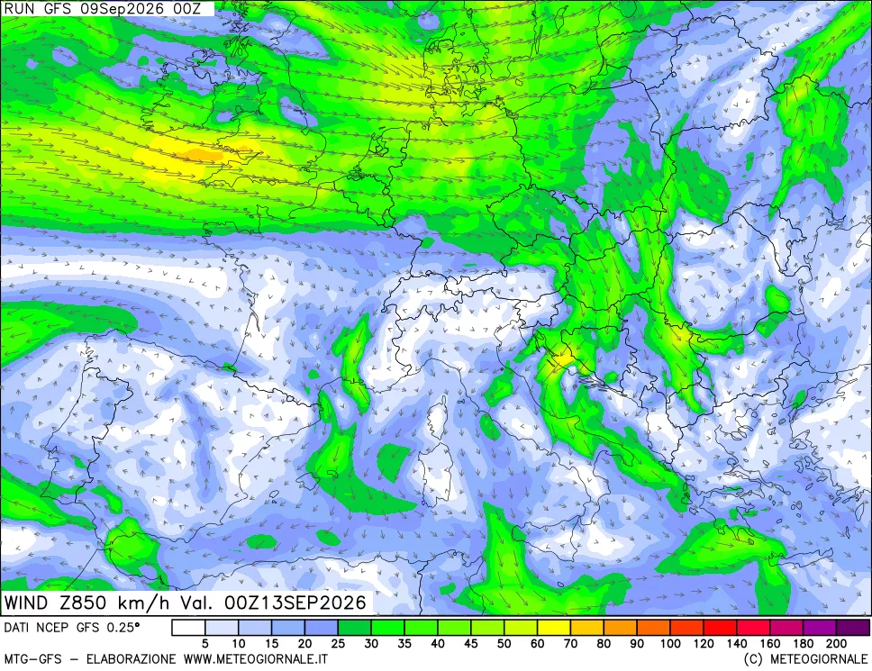 mappa 850 hPa Vento forza e direzione