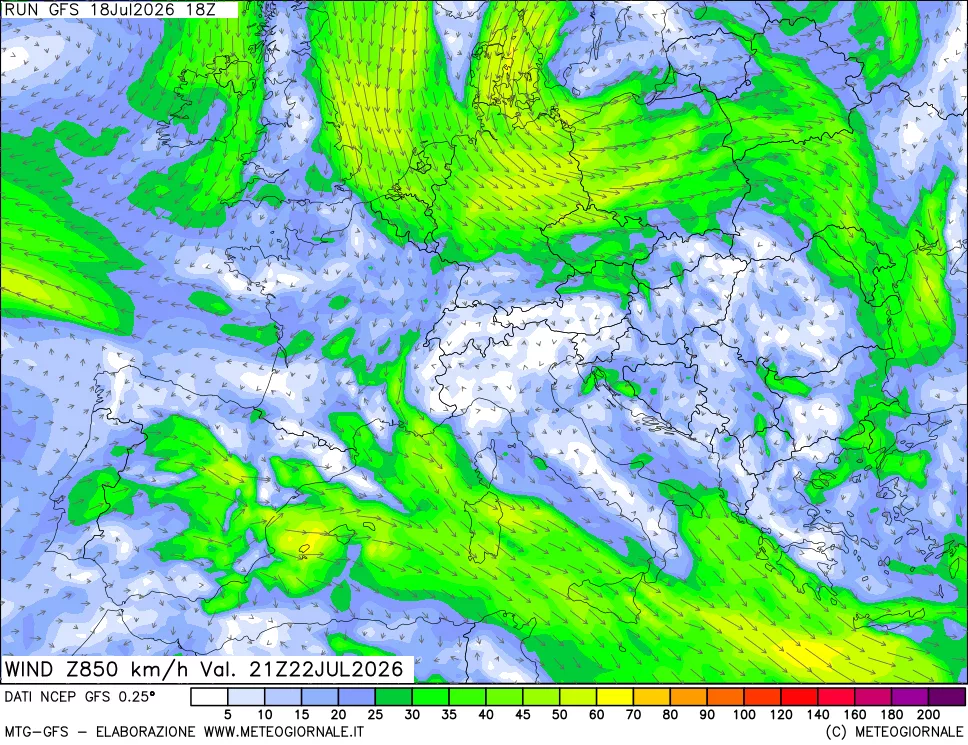 mappa 850 hPa Vento forza e direzione