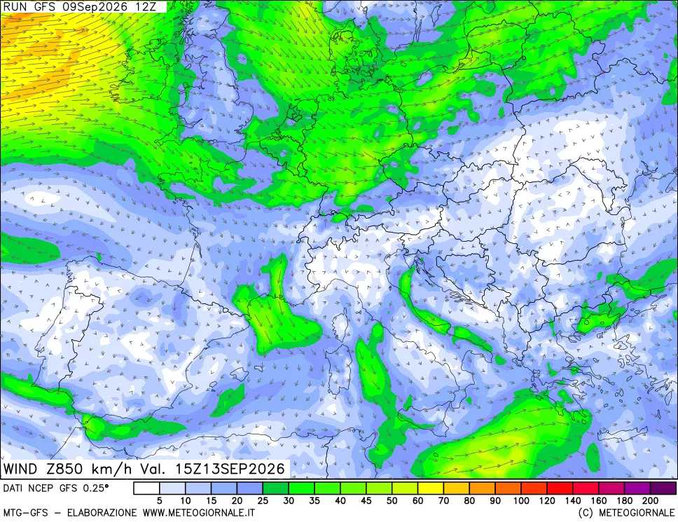 mappa 850 hPa Vento forza e direzione