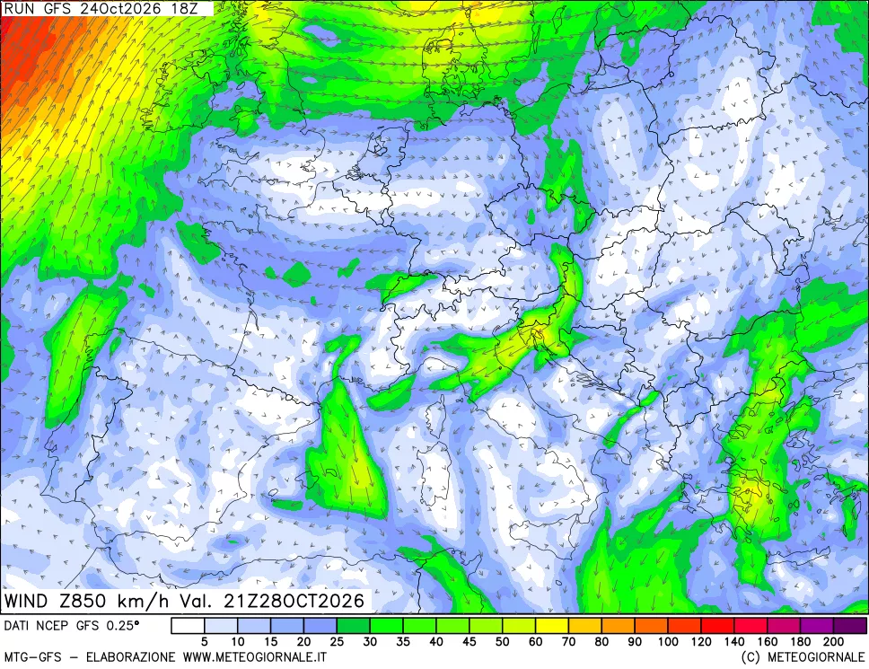 mappa 850 hPa Vento forza e direzione