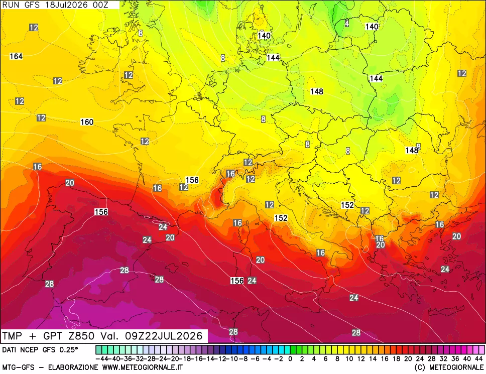mappa 850 hPa Temp + GPT