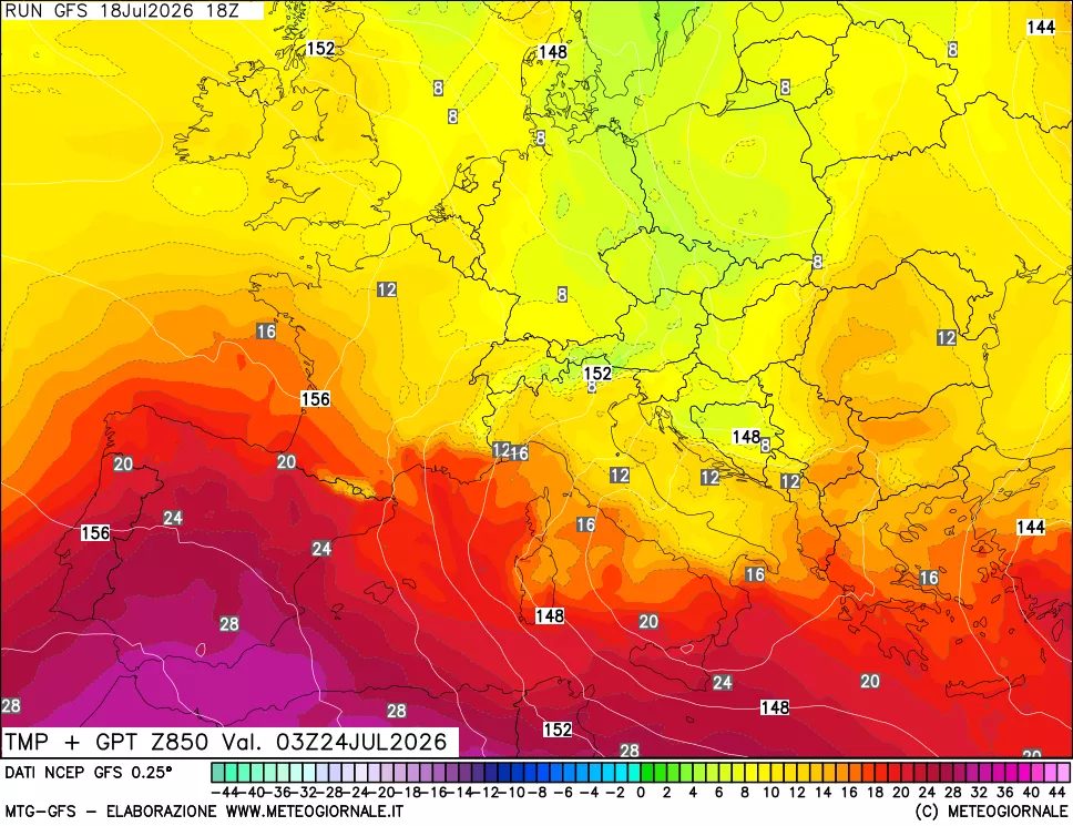 mappa 850 hPa Temp + GPT