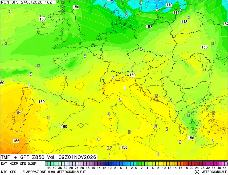 mappa 850 hPa Temp + GPT