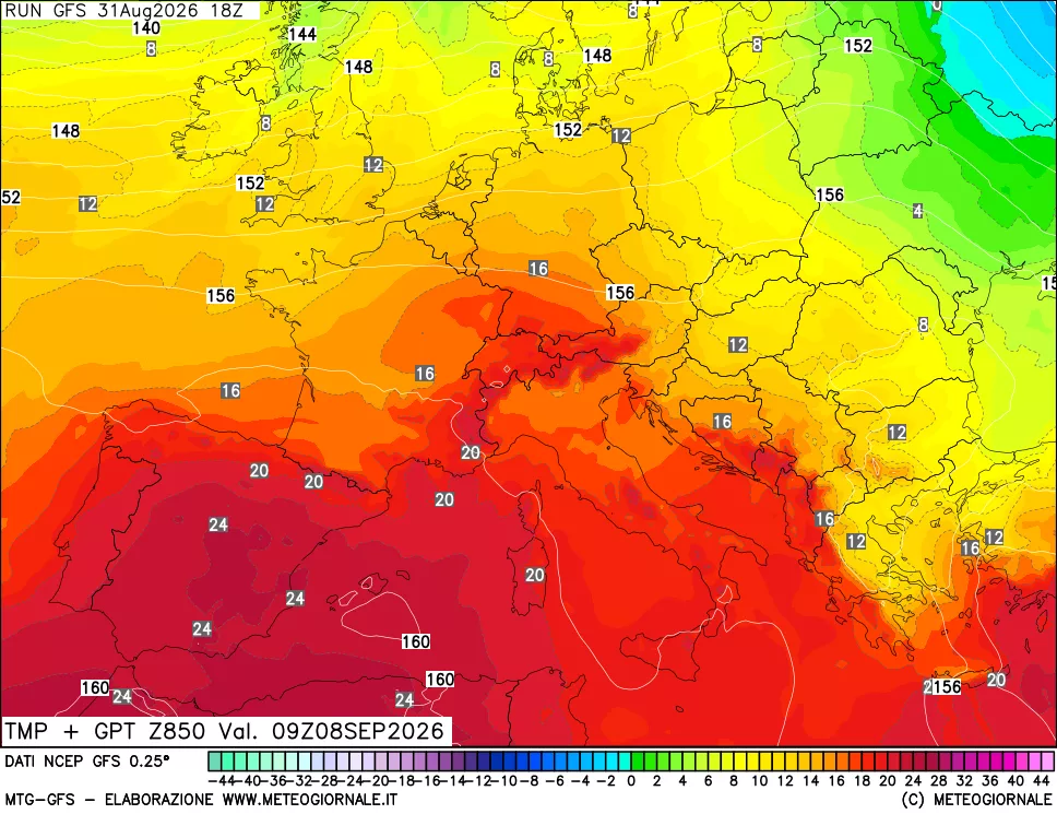 mappa 850 hPa Temp + GPT