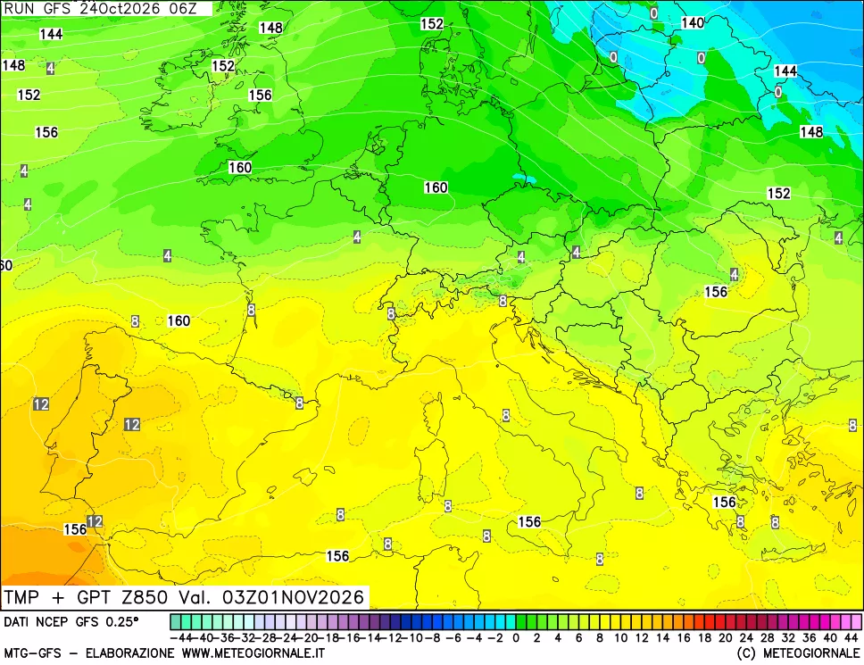 mappa 850 hPa Temp + GPT