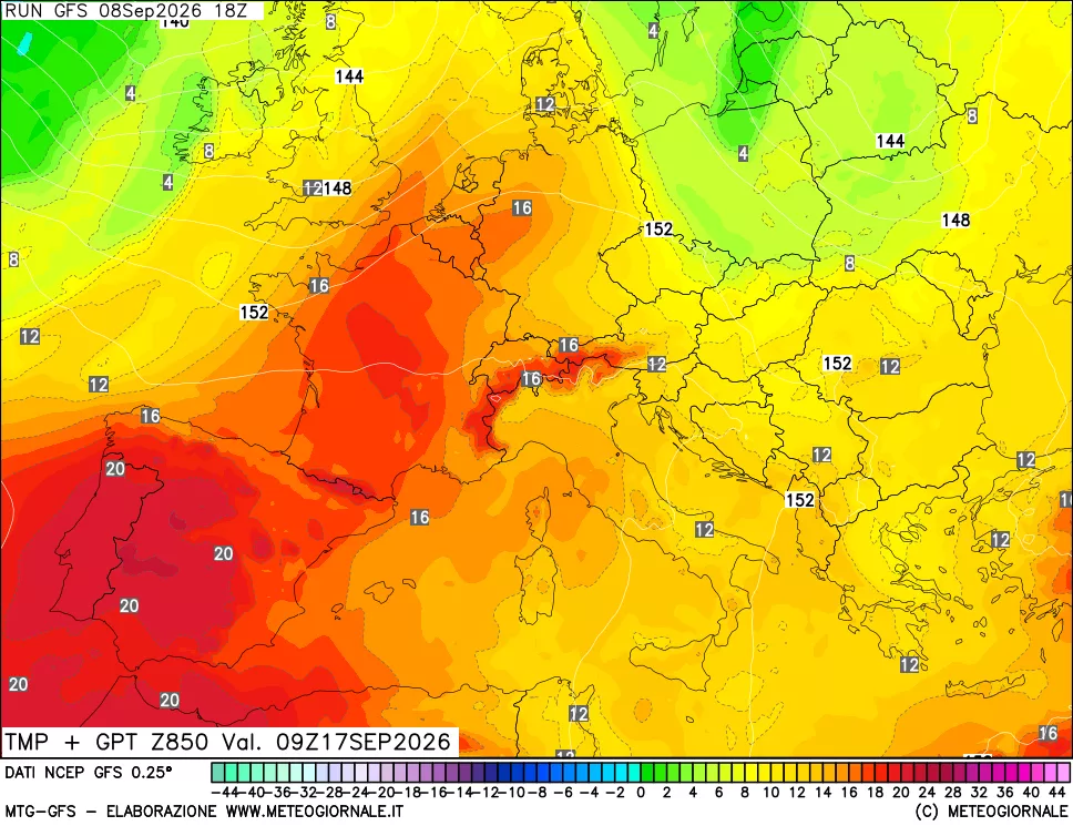 mappa 850 hPa Temp + GPT