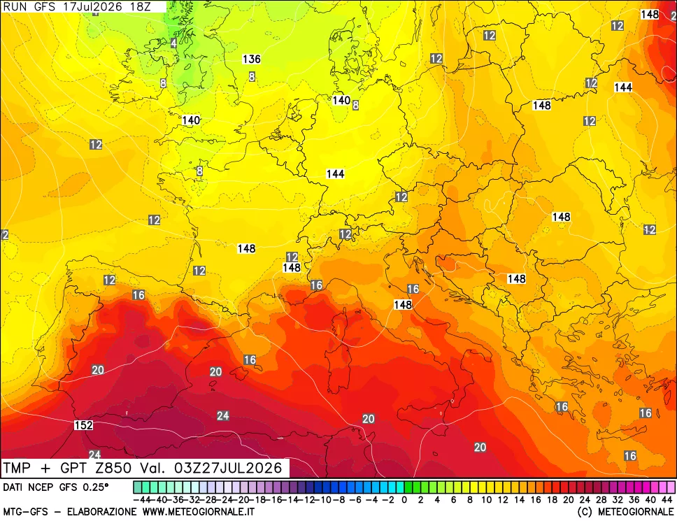 mappa 850 hPa Temp + GPT