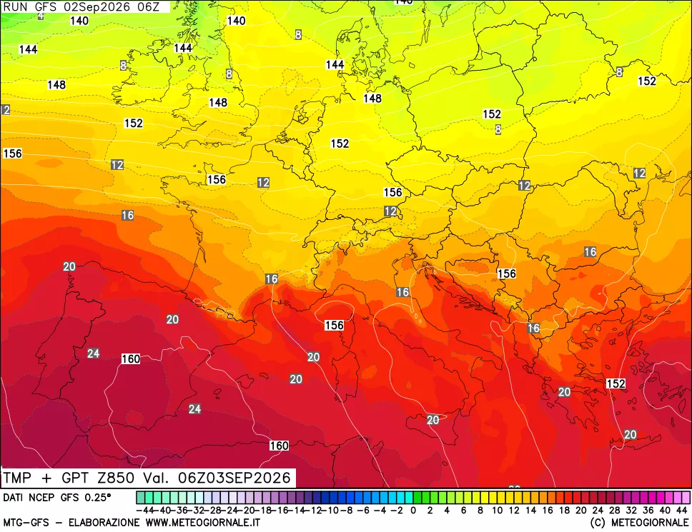mappa 850 hPa Temp + GPT