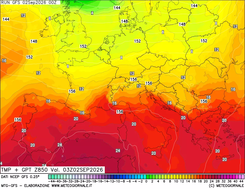 mappa 850 hPa Temp + GPT