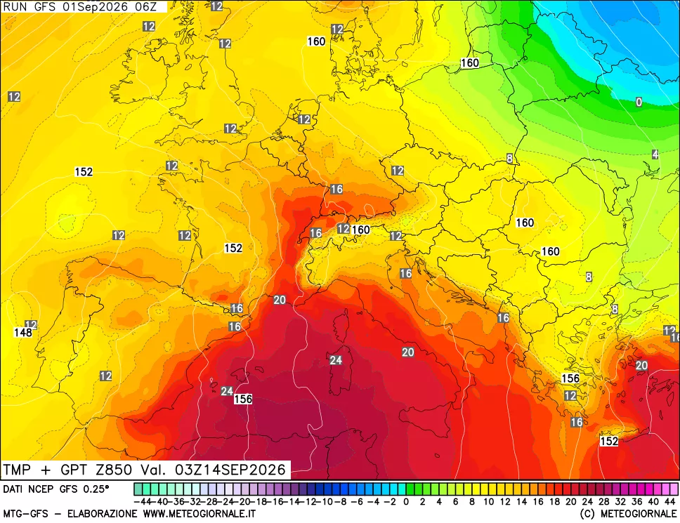 mappa 850 hPa Temp + GPT