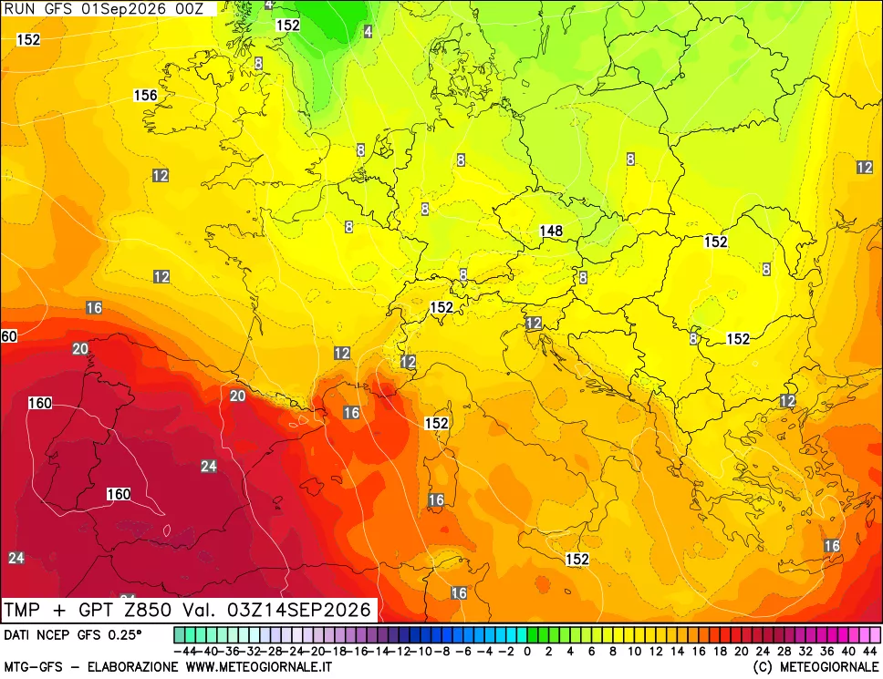 mappa 850 hPa Temp + GPT