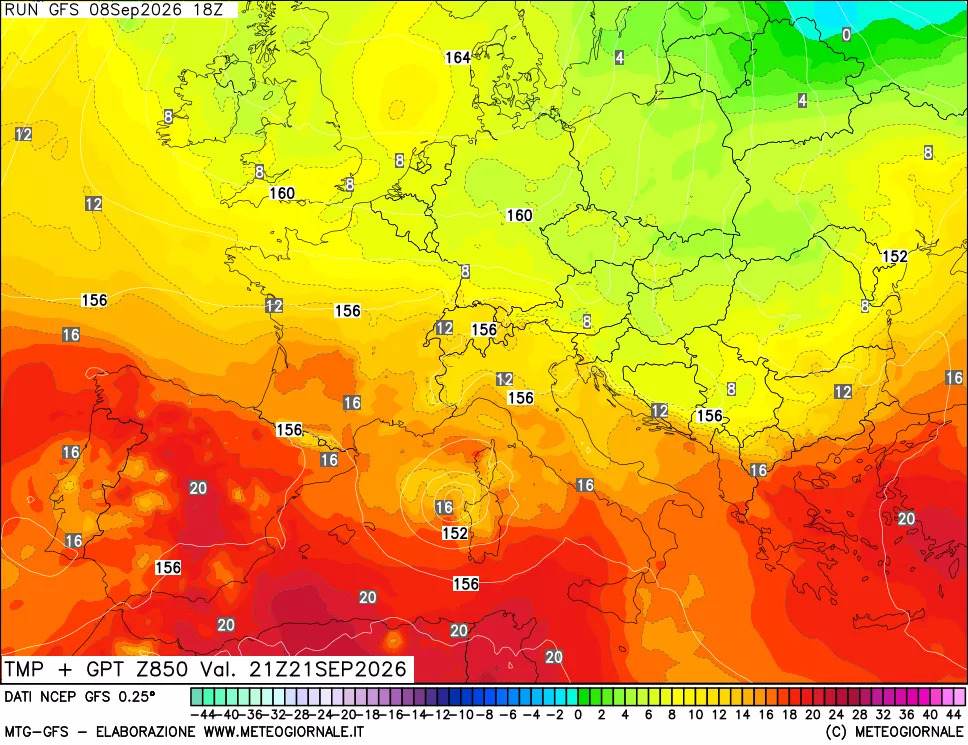 mappa 850 hPa Temp + GPT