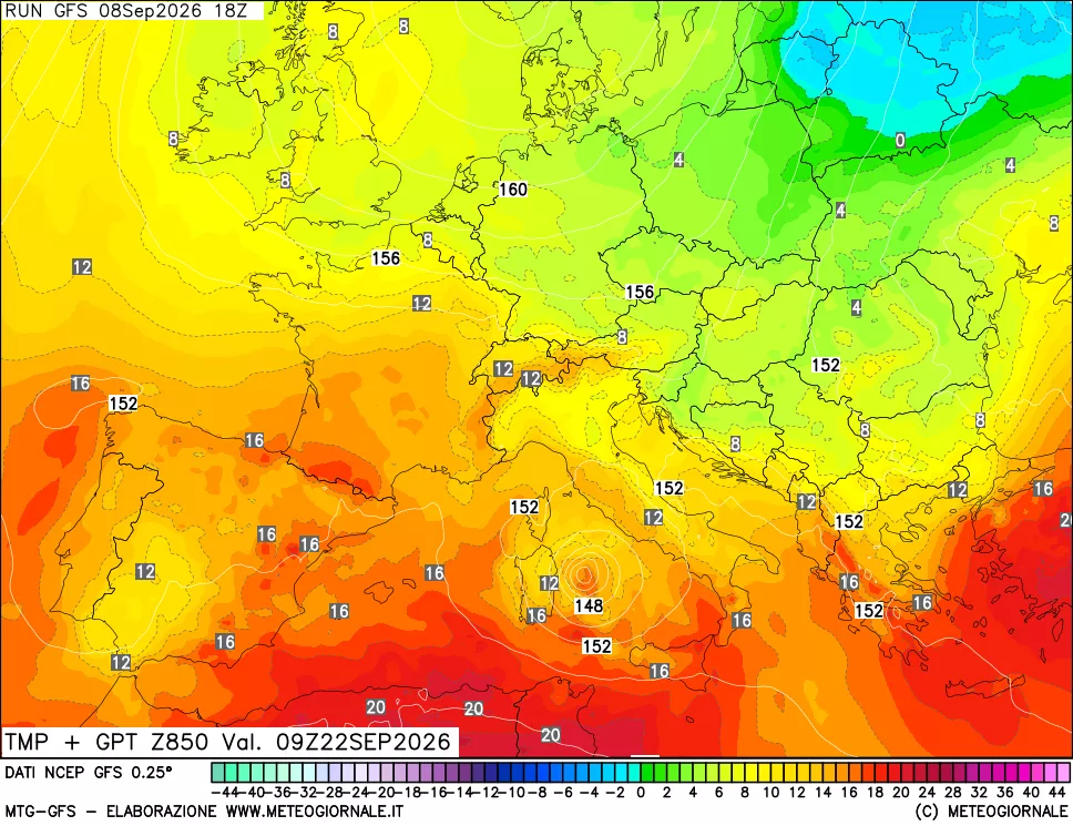 mappa 850 hPa Temp + GPT