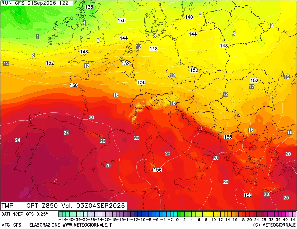 mappa 850 hPa Temp + GPT