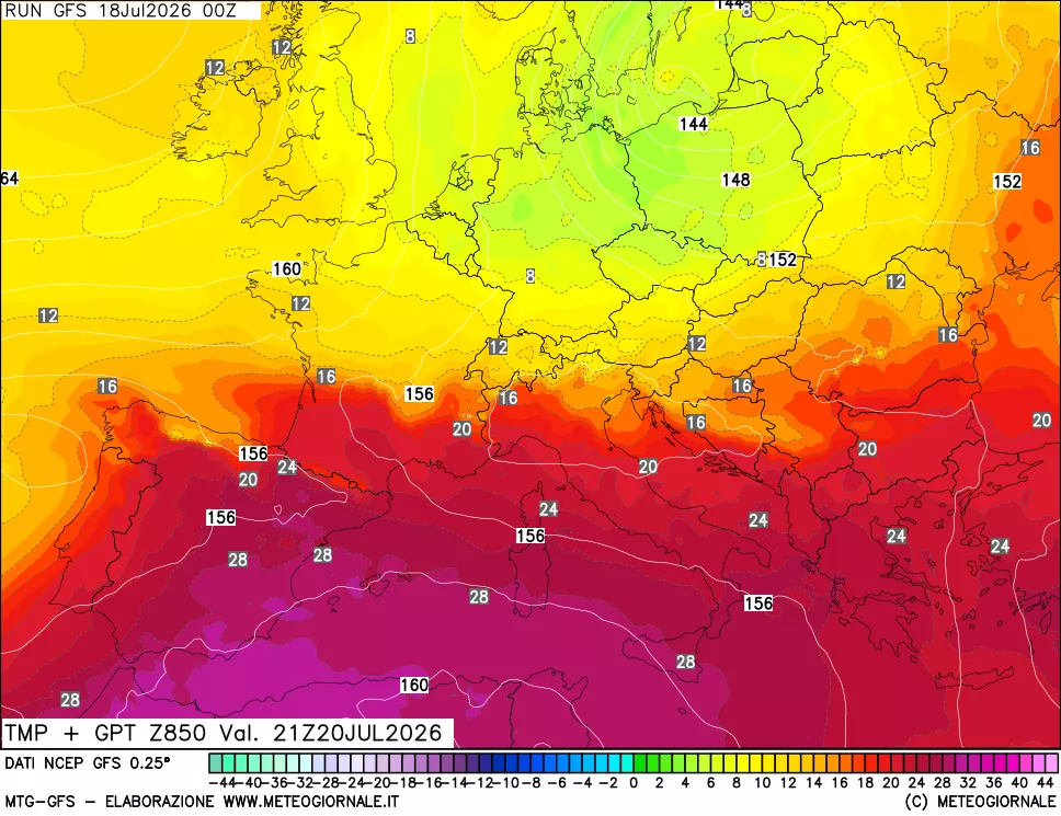 mappa 850 hPa Temp + GPT