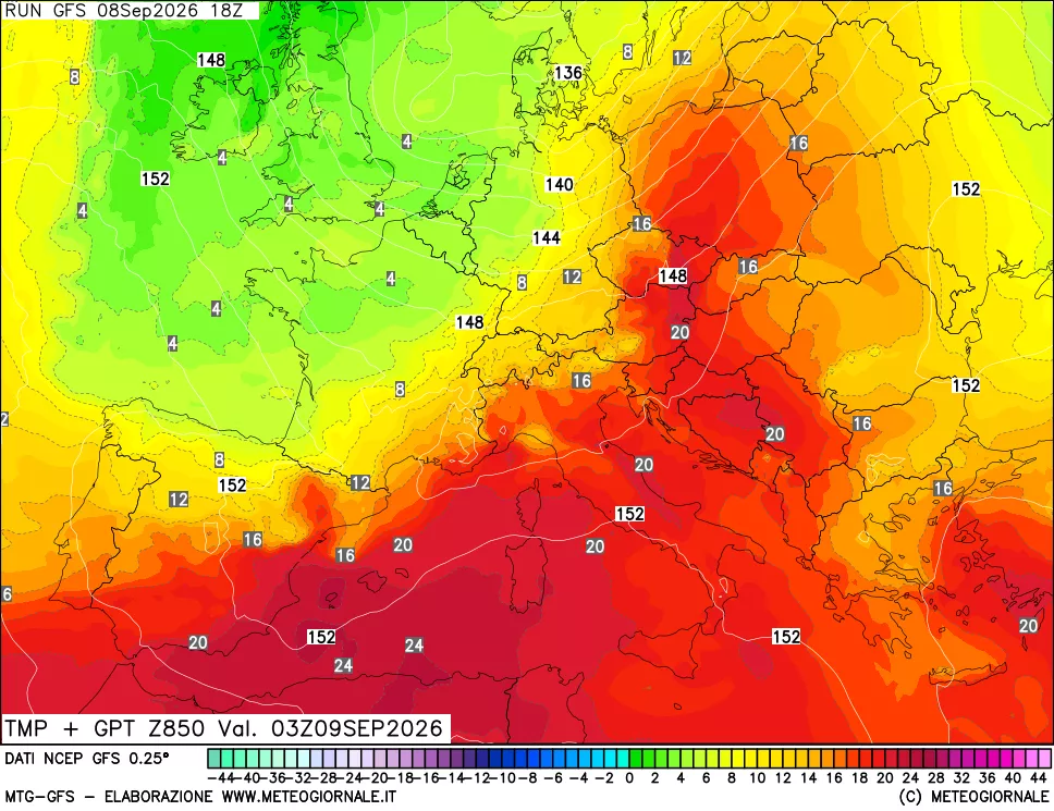 mappa 850 hPa Temp + GPT
