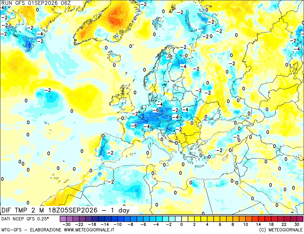 mappa Dif. Temp a 2 metri Valid - 1 day