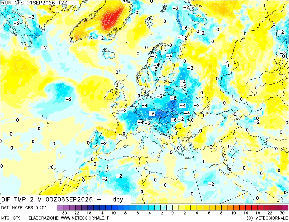 mappa Dif. Temp a 2 metri Valid - 1 day
