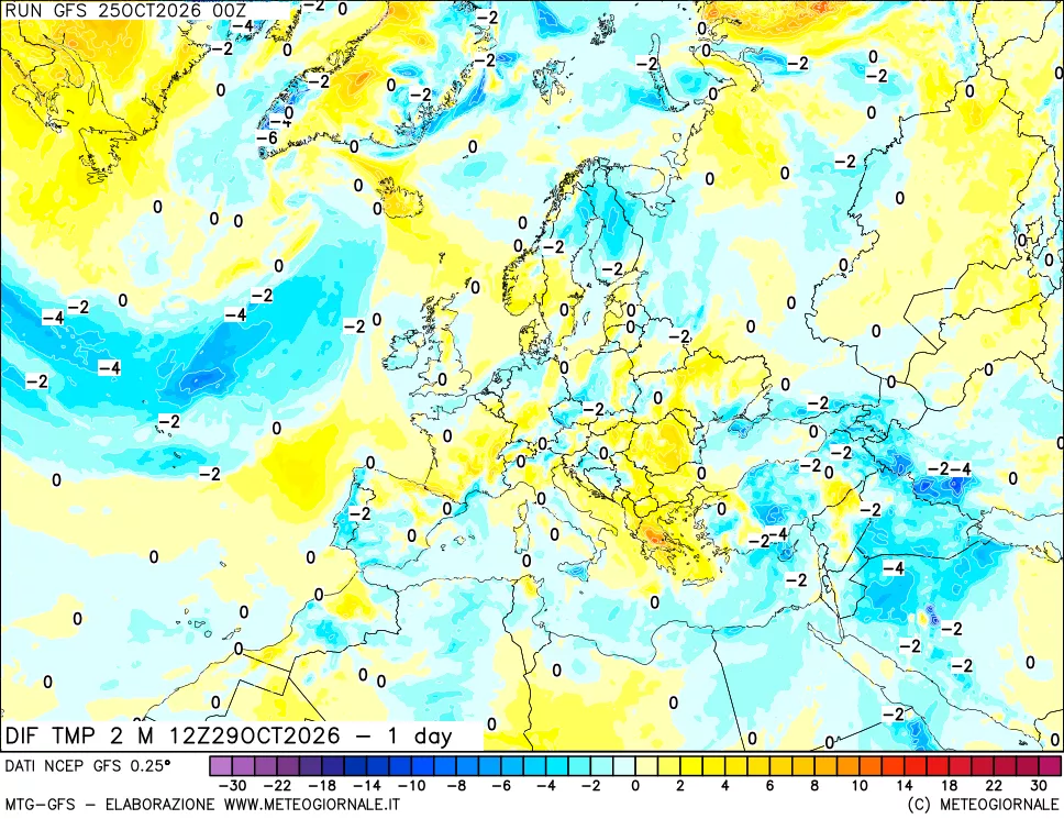 mappa Dif. Temp a 2 metri Valid - 1 day