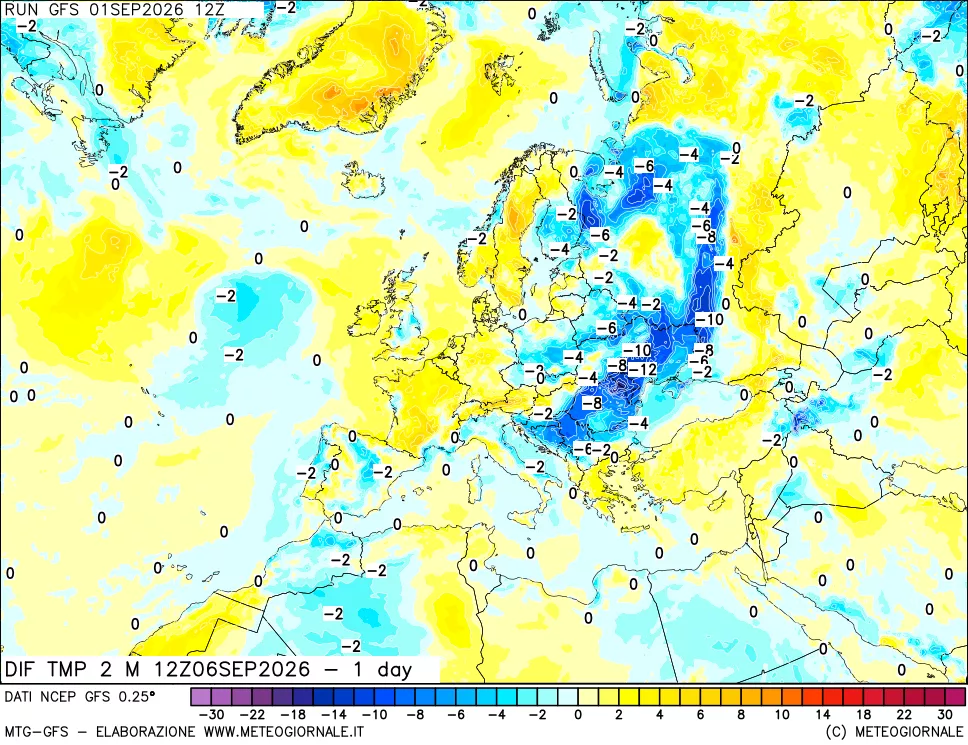 mappa Dif. Temp a 2 metri Valid - 1 day