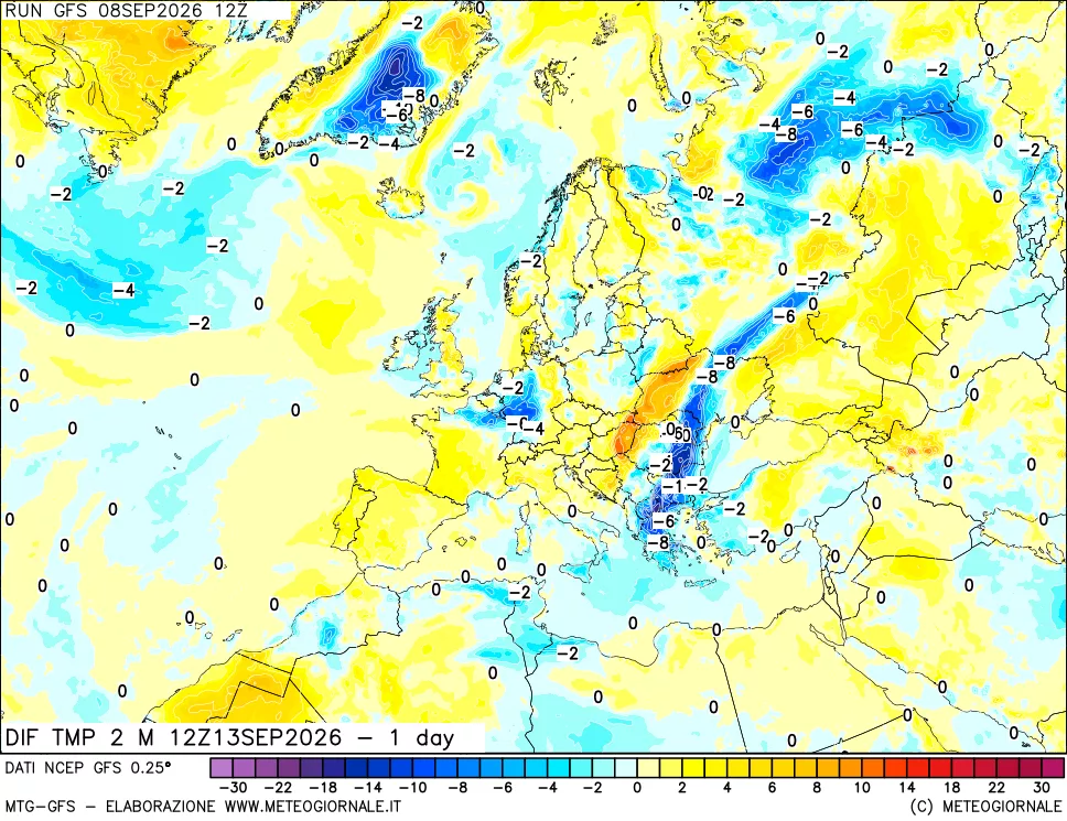mappa Dif. Temp a 2 metri Valid - 1 day