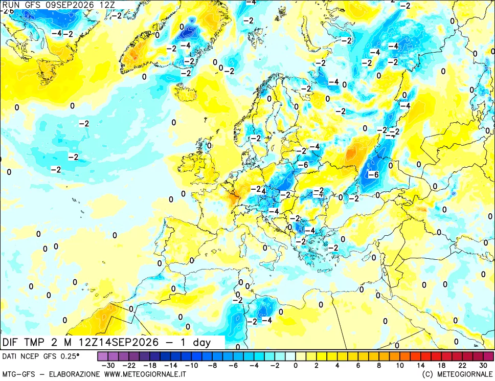 mappa Dif. Temp a 2 metri Valid - 1 day