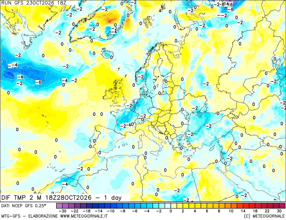 mappa Dif. Temp a 2 metri Valid - 1 day