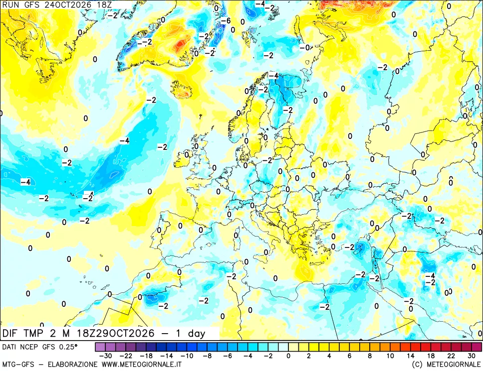 mappa Dif. Temp a 2 metri Valid - 1 day