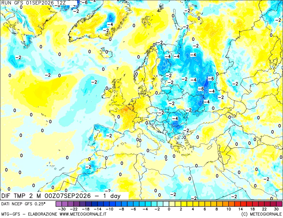 mappa Dif. Temp a 2 metri Valid - 1 day