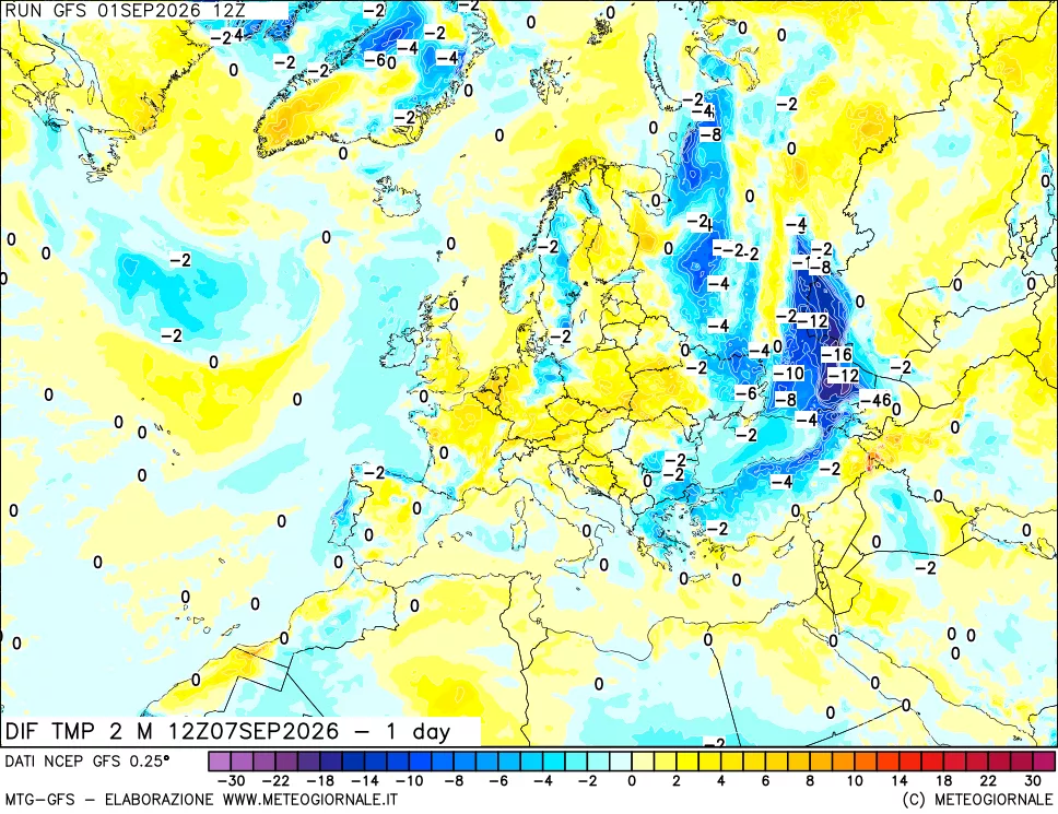 mappa Dif. Temp a 2 metri Valid - 1 day