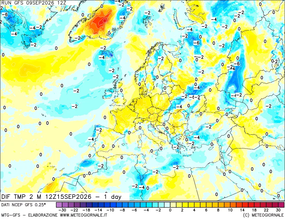 mappa Dif. Temp a 2 metri Valid - 1 day