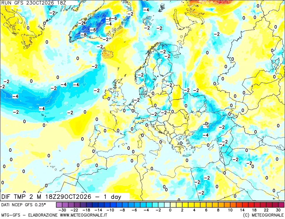 mappa Dif. Temp a 2 metri Valid - 1 day
