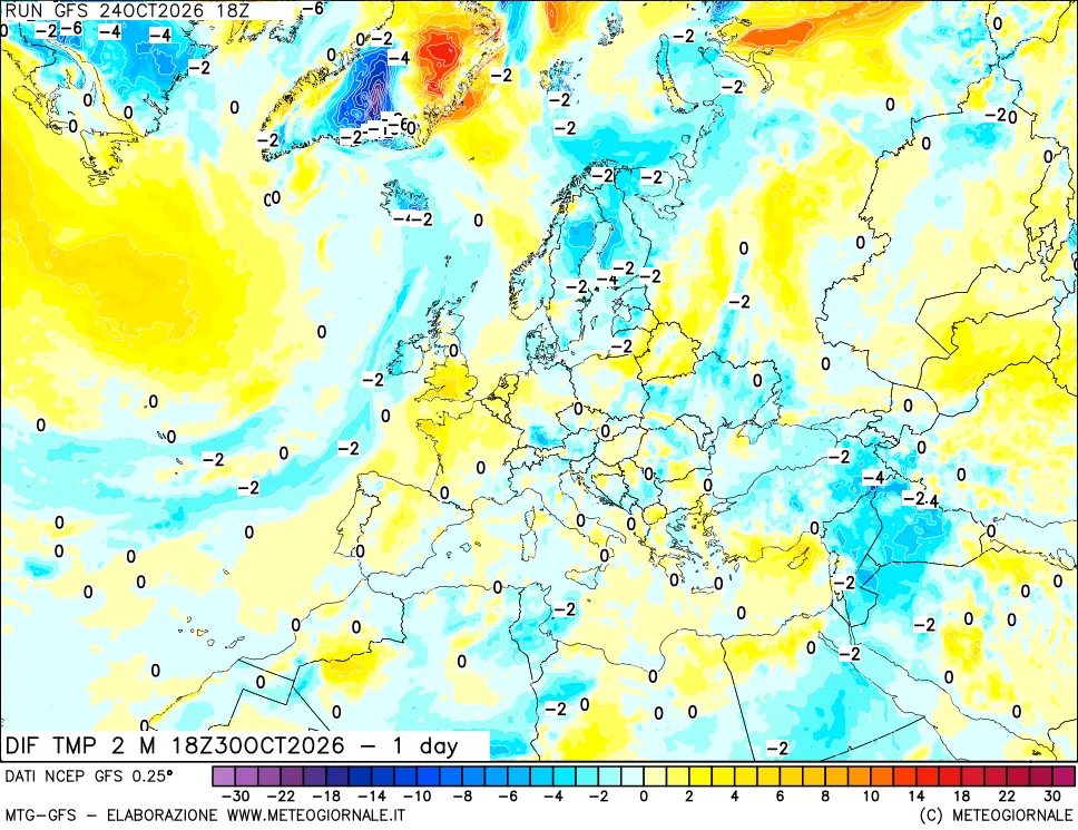 mappa Dif. Temp a 2 metri Valid - 1 day