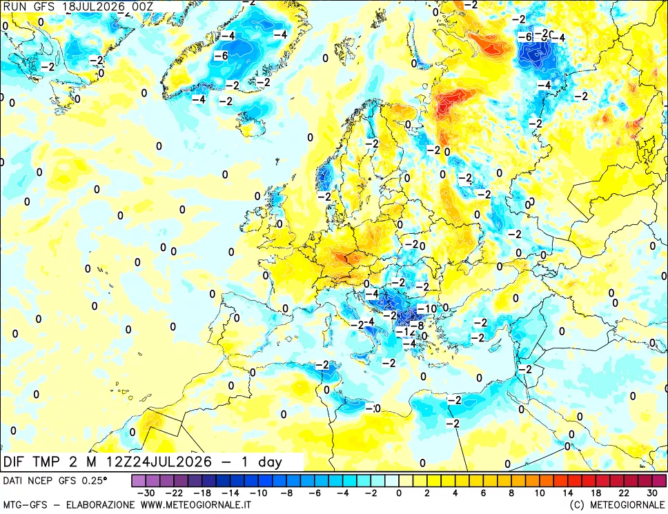 mappa Dif. Temp a 2 metri Valid - 1 day