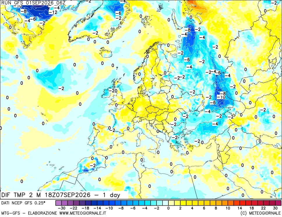 mappa Dif. Temp a 2 metri Valid - 1 day
