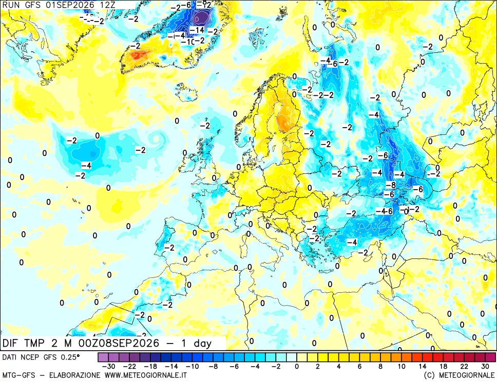 mappa Dif. Temp a 2 metri Valid - 1 day