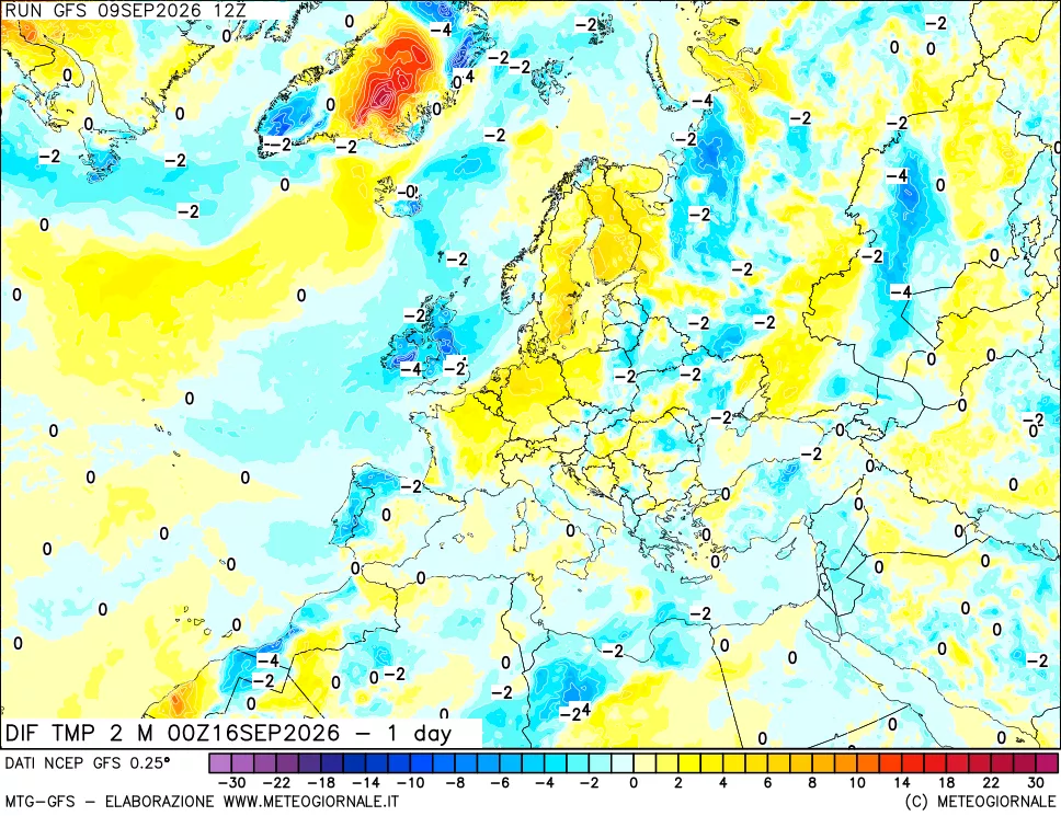mappa Dif. Temp a 2 metri Valid - 1 day