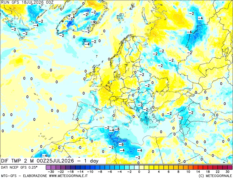 mappa Dif. Temp a 2 metri Valid - 1 day