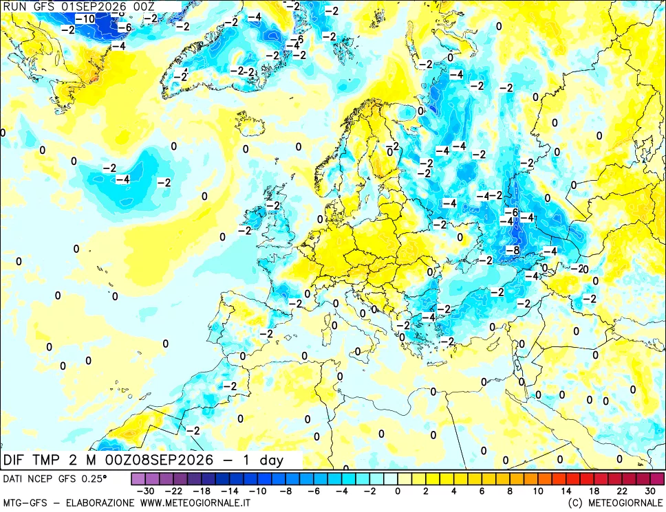 mappa Dif. Temp a 2 metri Valid - 1 day