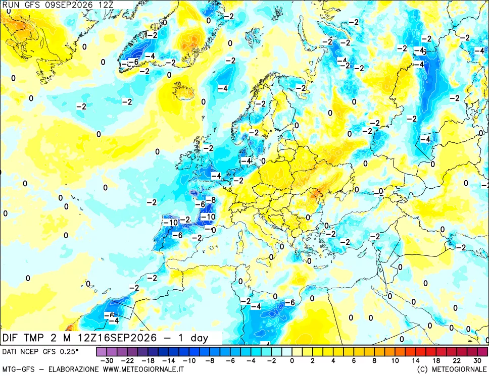 mappa Dif. Temp a 2 metri Valid - 1 day