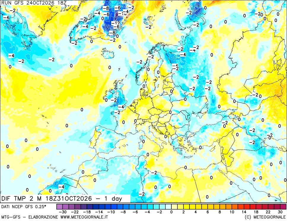 mappa Dif. Temp a 2 metri Valid - 1 day
