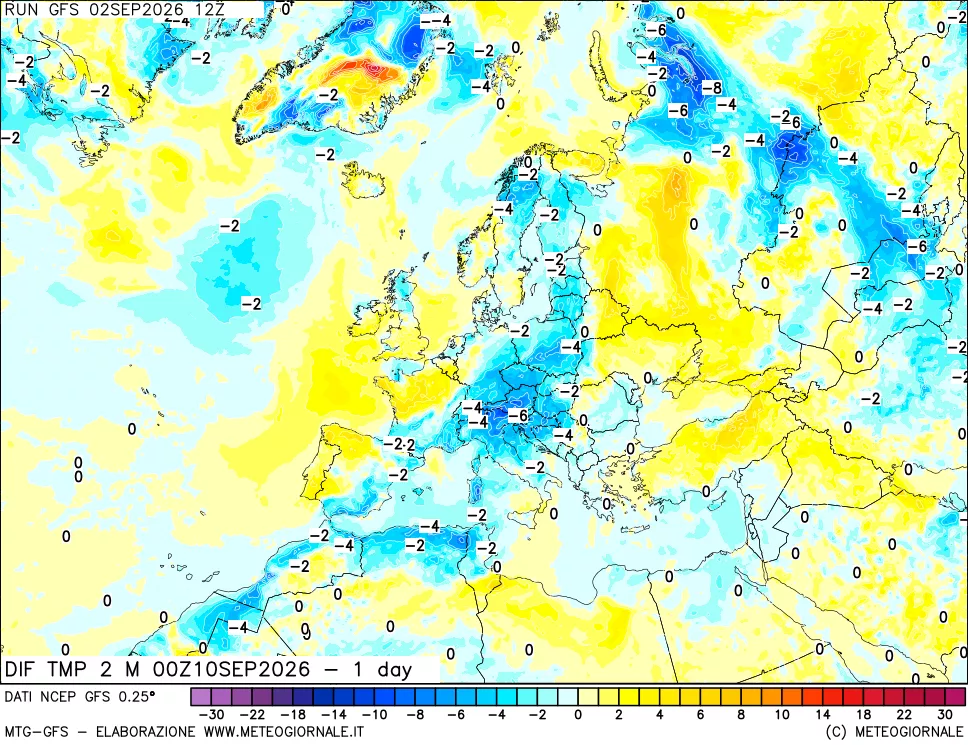 mappa Dif. Temp a 2 metri Valid - 1 day