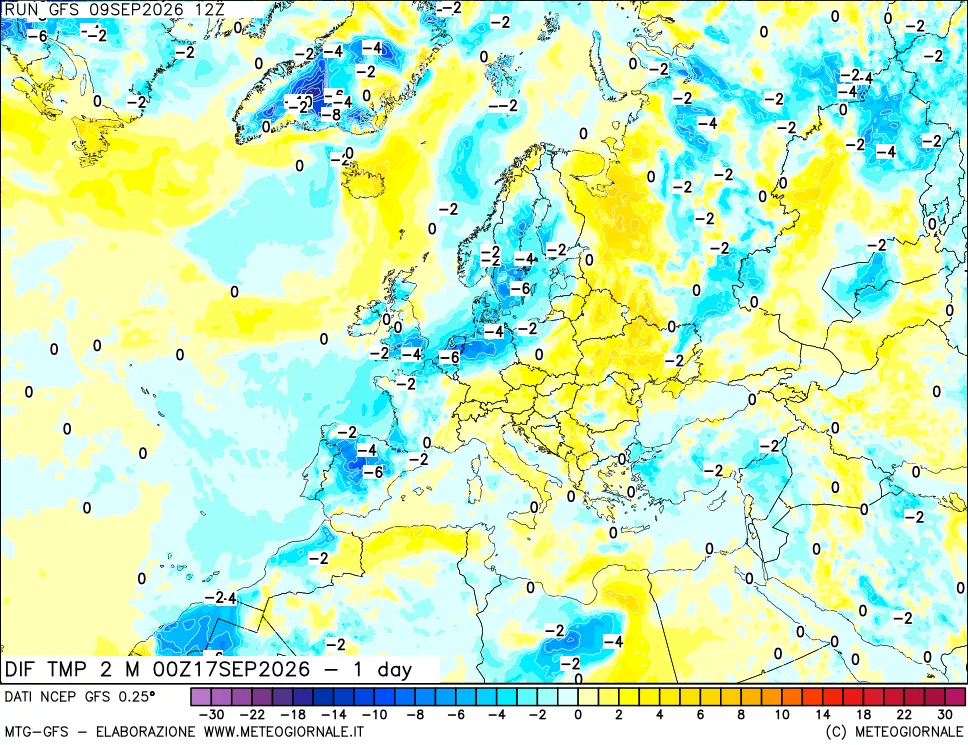 mappa Dif. Temp a 2 metri Valid - 1 day