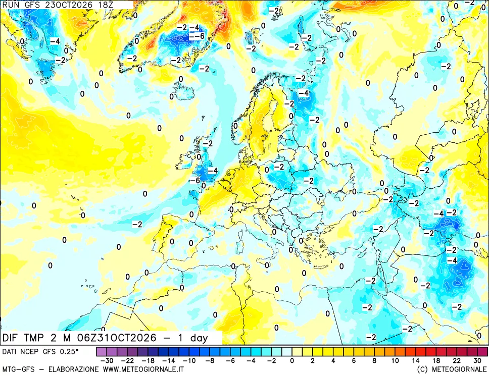 mappa Dif. Temp a 2 metri Valid - 1 day